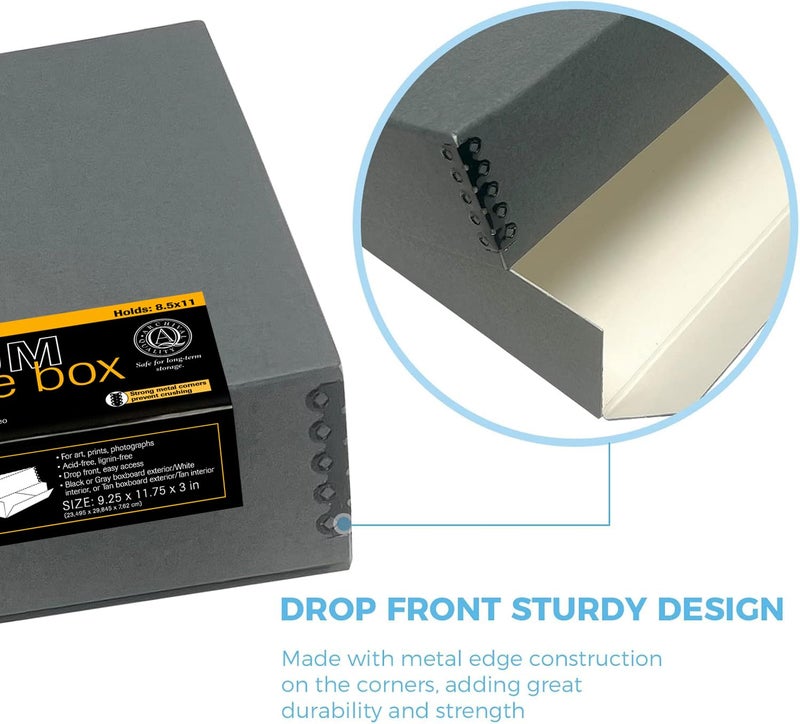 Lineco Archival Museum Storage Box with Removable Lid and Drop Front Design, 8.5 x 11 x 3 Inch. Preserve Longevity, Store Photos, Documents, Cards, Magazines, Prints, DIY. Gray - Image 3